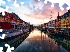 Statki, Nyhavn, Zachód, Kamieniczki, Słońca