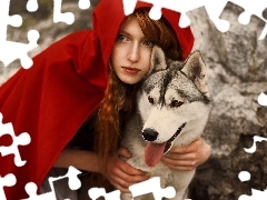 Pies, Peleryna, Kobieta, Husky, Czerwona