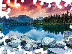 Jezioro, Lasy, Chmury, Kamienie, Góry