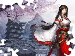 Budynek, Góry, Kobieta, Kimono