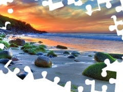 Zachód, Kamienie, Morze, Słońca, Plaża