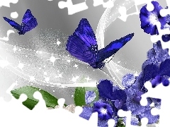 Art, Motyle, Granatowe, Kwiaty