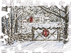Malarstwo, Zima, Brama, Drzewa