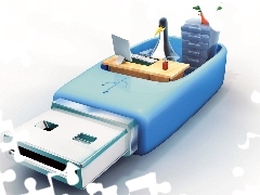 Biuro, Pingwin, Niebieski, Pendrive