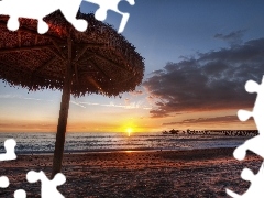 Plaża, Morze, Zachód, Parasol, Słonca