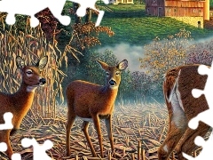 Budynki, Trawa, Sarny, Drzewa