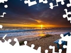 Zachód, Ławka, Morze, Słońca, Plaża
