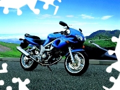 tłumik , siedzenie, niebieski , koła, światła , Motory Suzuki, kierownica, opony, lusterka