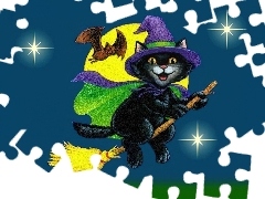 nietoperz , kot na miotle, Halloween