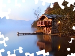 Domek, Mgła, Pomost, Jezioro
