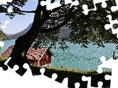 Drzewa, Góry, Jezioro, Domek