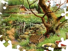 Kapelusz, Owocowe, Jabłoń, Ogród, Kosz, Drzewo