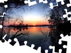 Drzewa, Słońca, Jezioro, Zachód