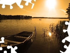 Łódka, Słoneczko, Jezioro, Zarośla