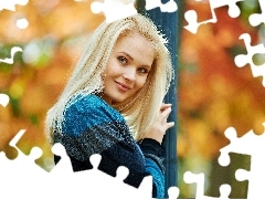 Jesień, Makijaż, Uśmiechnięta, Blondynka