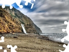 Morze, Plaża, Góra, Niebo, Wodospadzik