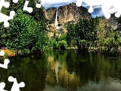 Yosemite, Jezioro, Wodospad, Kalifornia, Góry