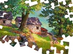 Studzienka, Górka, Domy, Drzewa, Dróżka