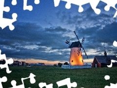 Chmury, Wioska, Wiatrak, Anglia, Łąka