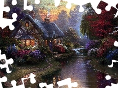 Thomas Kinkade, Kwiaty, Rzeczka, Chata