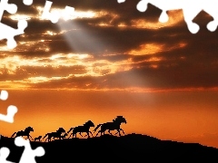 Zachód Słońca, Chmury, Konie, Galop