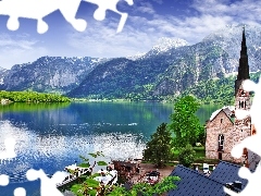 Wycieczkowe, Kościółek, Statki, Jezioro, Austria, Góry