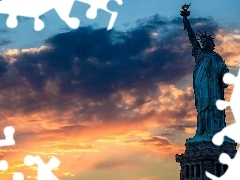 Światło, Chmury, Przebijające, Statua, USA, Wolności