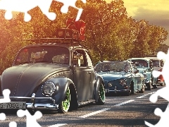 Drzewa, Droga, Samochody, Retro