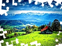 Lasy, Góry, Domek, Chmury, Łąka