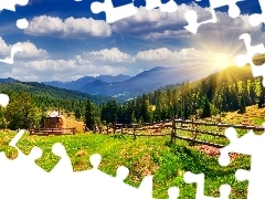 Słońca, Góry, Promienie, Łąki, Chmury, Lasy