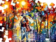 Deszcz, Zakochanych, Park, Parasol, Para