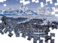 Drzewa, Rzeka, Zima, Góry