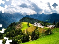 Polana, Lasy, Chmury, Domy, Góry