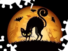 Grafika, Halloween, Kot, Nietoperze