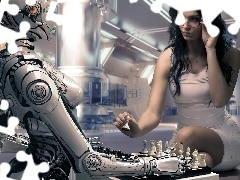 Kobieta, Czarnowłosa, Robot, Szachy
