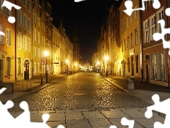 Latarnie, Kamienice, Uliczka, Gdańsk, Noc