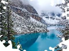Zima, Kanada, Las, Mgła, Jezioro, Moraine, Góry, Lake