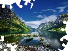Łódka, Fiord, Norwegia, Kamienie, Góry