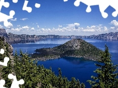 Góry, Wyspa, Kanada, Drzewa, Jezioro