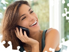 Makijaż, Telefon, Uśmiechnięta, Kobieta