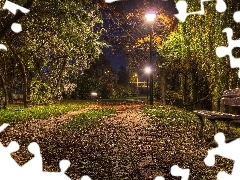 Drzewa, Ławka, Park, Lampy, Wieczorem