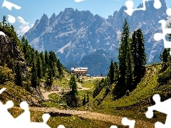 Górskie, Alpy, Włochy, Dom, Drzewa, Pasmo, Dolomity, Droga
