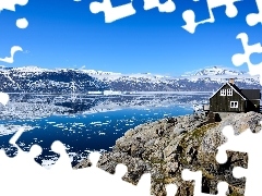 Rzeka, Dom, Góry, Wyspa Uummannaq, Zima, Grenlandia