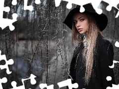Kapelusz, Drzewa, Modelka, Makijaż, Blondynka