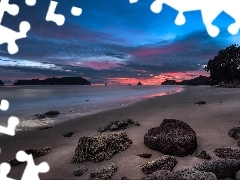 Zachód słońca, Kamienie, Morze, Plaża