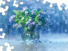 Niezapominajki, Kwiaty, Dekoracja, Bokeh, Niebieskie