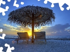 Wakacje, Zachód, Morze, Plaża, Słońca, Parasol, Leżaki