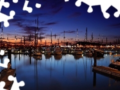 Łodzie, Żaglówki, Port, Zachód słońca, Przystań