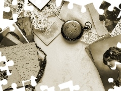 Karty, Listy, Zdjęcia, Kompozycja, Zegarek, Sepia