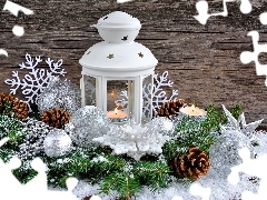 Szyszki, Świeczki, Lampion, Kompozycja, Bombki, Świąteczn